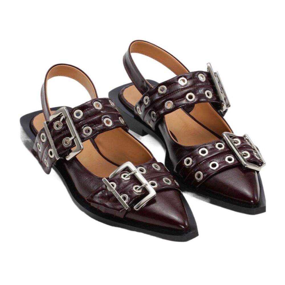 Ganni Burgundy Feminine Buckle Ballerinas